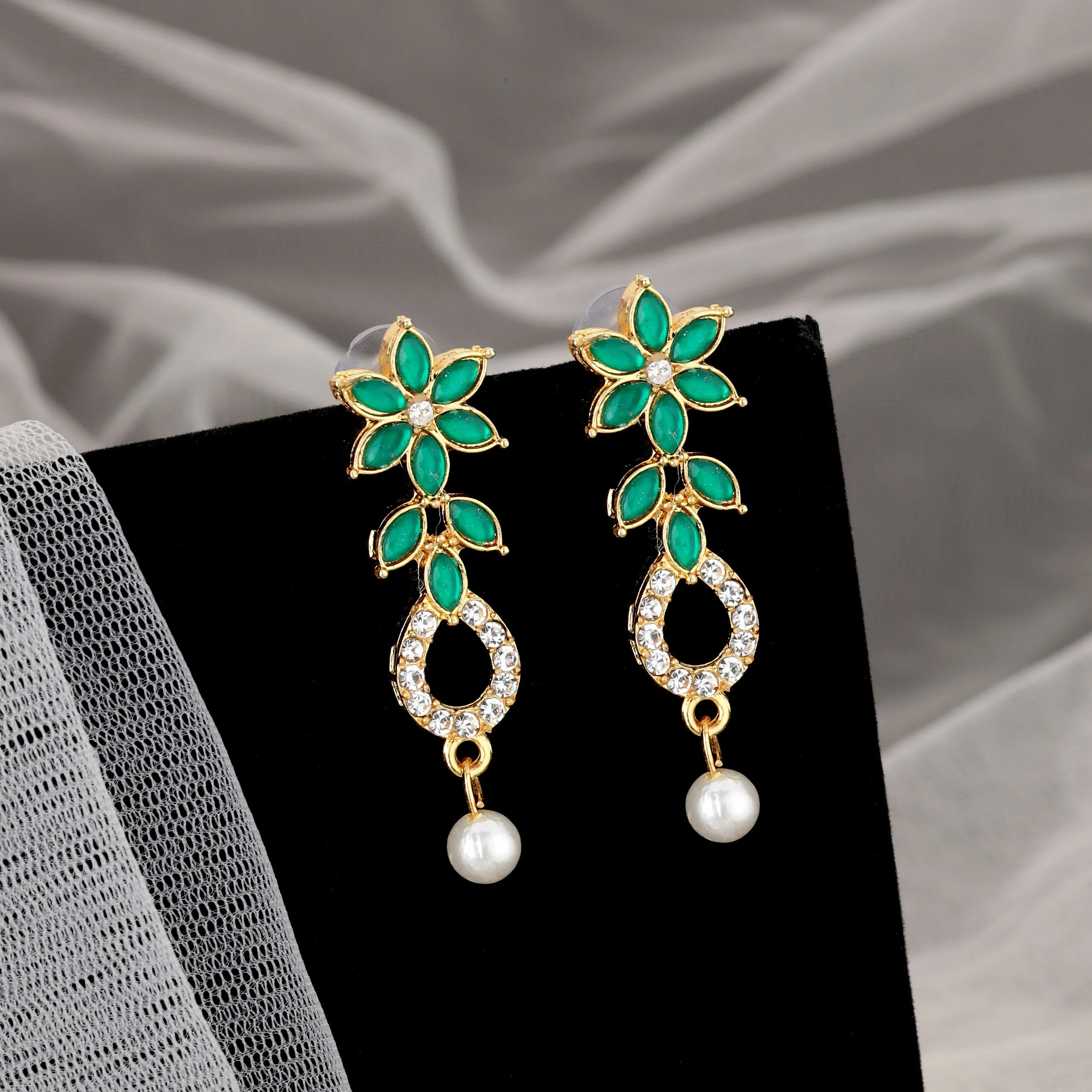 Emerald Green & Crystal Leaf Motif Necklace Set with Pearl Drop - Image 2
