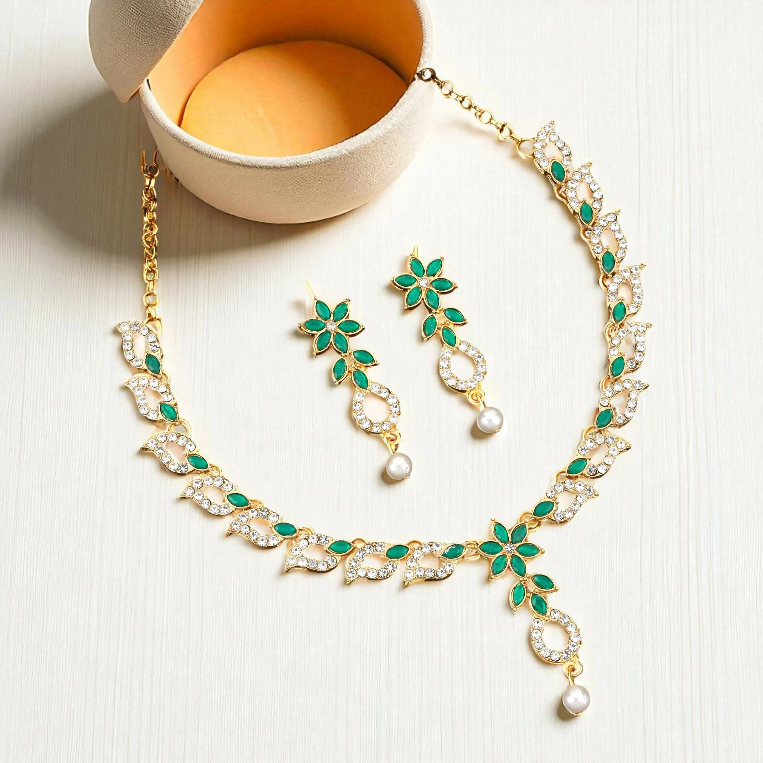 Emerald Green & Crystal Leaf Motif Necklace Set with Pearl Drop - Image 3