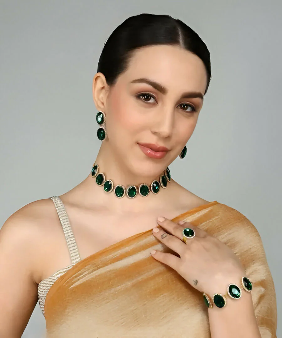 Emerald Green Crystal Statement Jewelry Set – Necklace, Earrings, Bracelet & Ring - Image 2