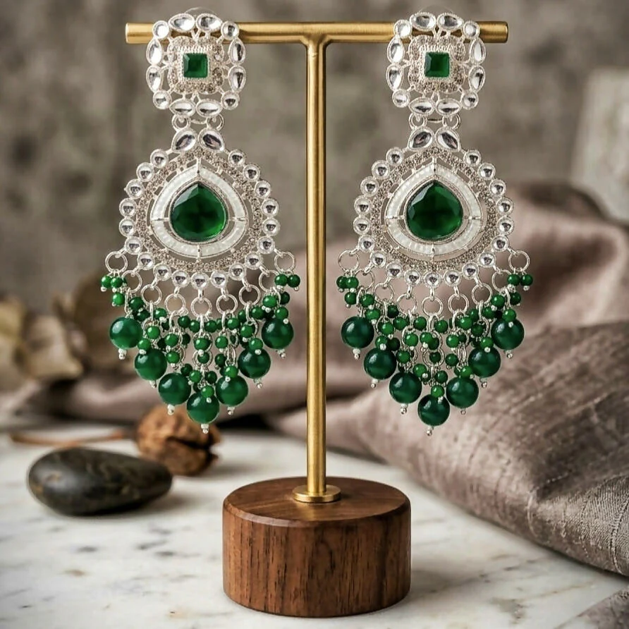 Emerald Green Kundan & Pearl Chandbali Earrings – Silver-Toned Festive Jhumkas - Image 2