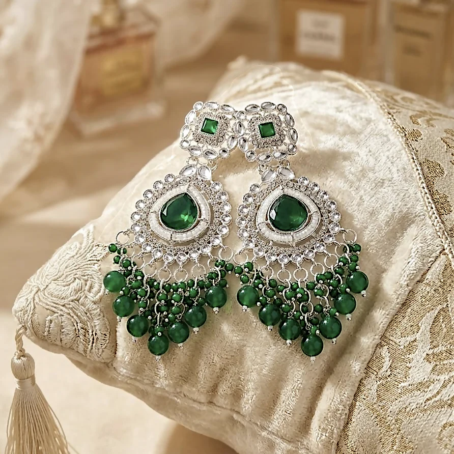 Emerald Green Kundan & Pearl Chandbali Earrings – Silver-Toned Festive Jhumkas - Image 3
