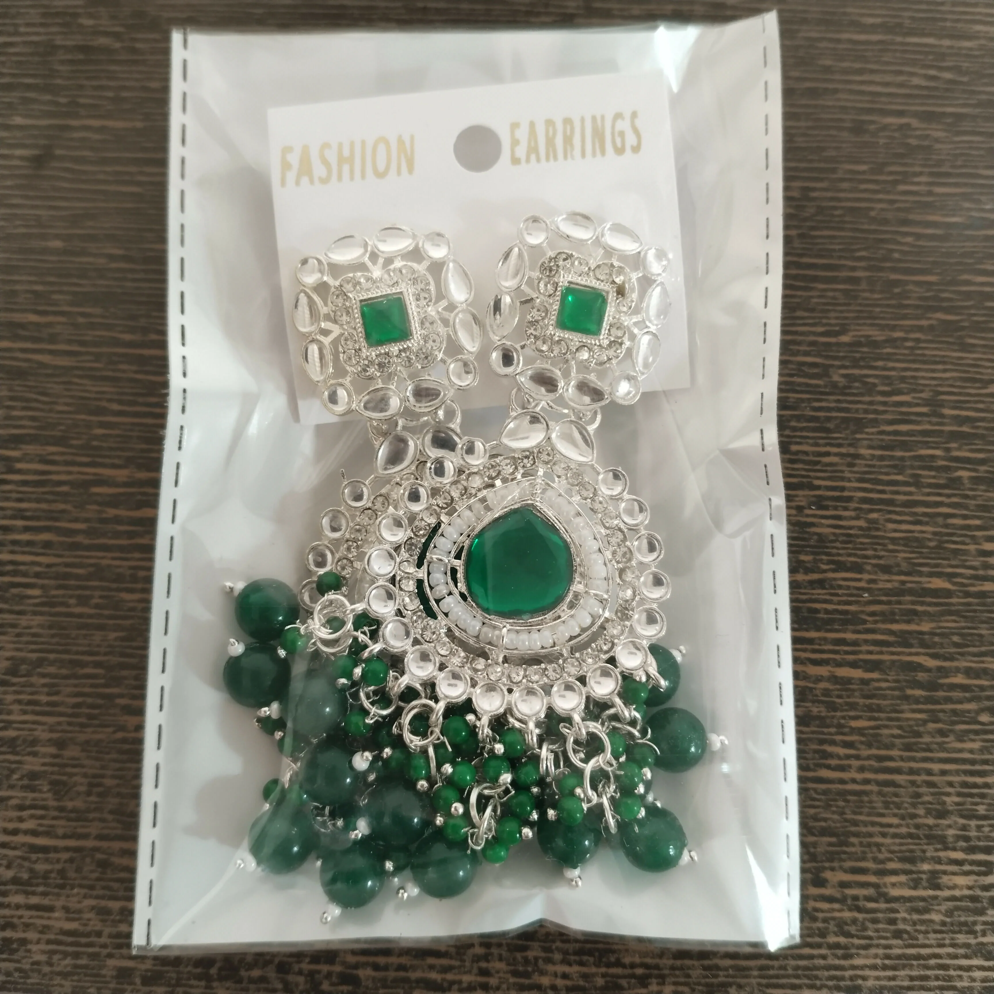 Emerald Green Kundan & Pearl Chandbali Earrings – Silver-Toned Festive Jhumkas - Image 4