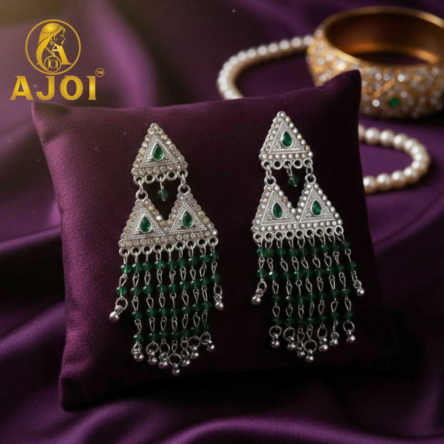 Emerald Royale Silver-Tone Triangle Statement Earrings with Layered Bead Tassels - Image 3