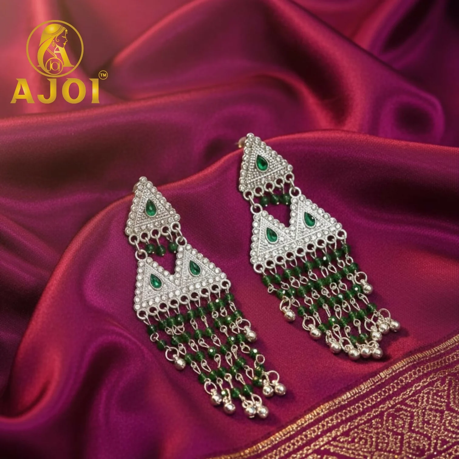 Emerald Royale Silver-Tone Triangle Statement Earrings with Layered Bead Tassels - Image 4