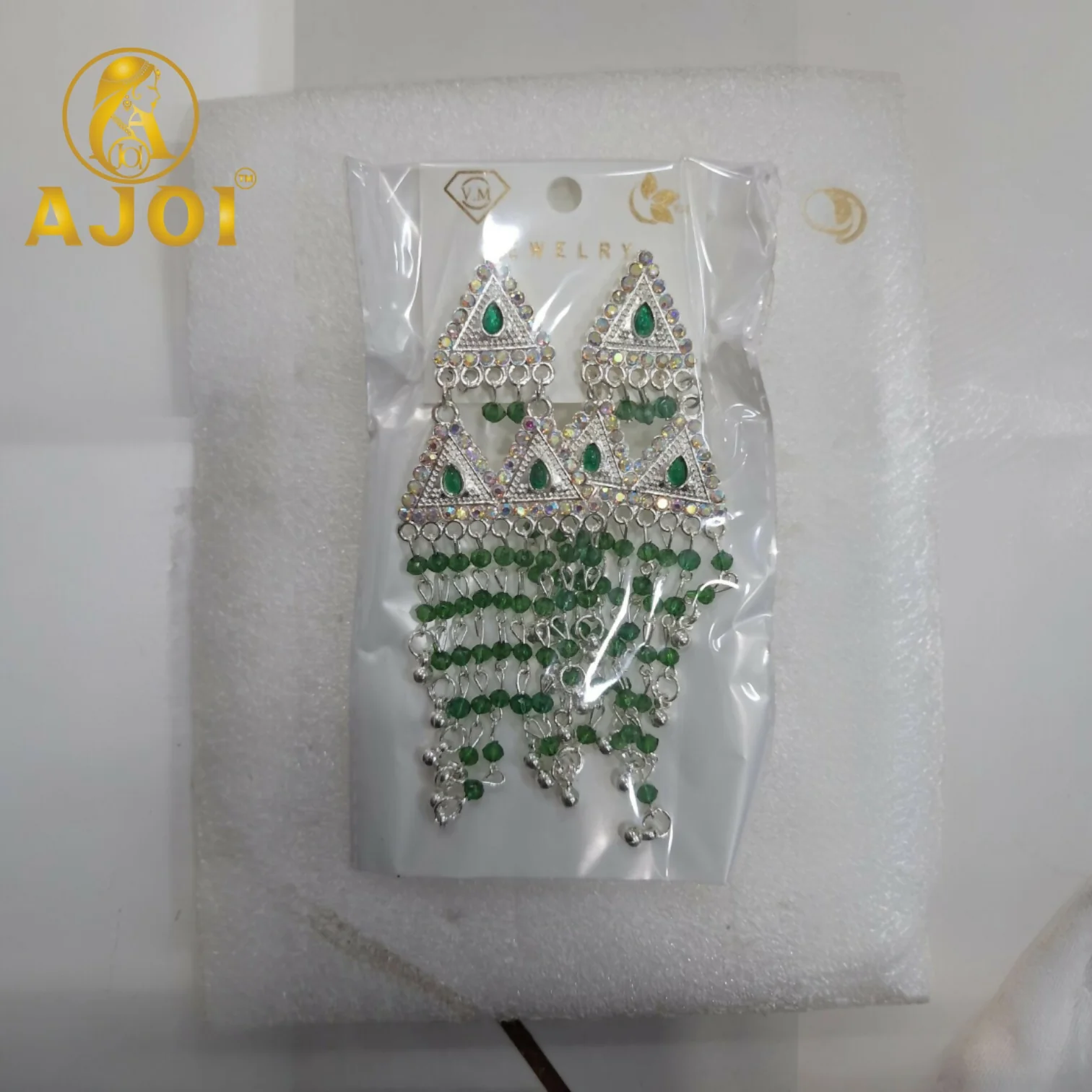 Emerald Royale Silver-Tone Triangle Statement Earrings with Layered Bead Tassels - Image 5