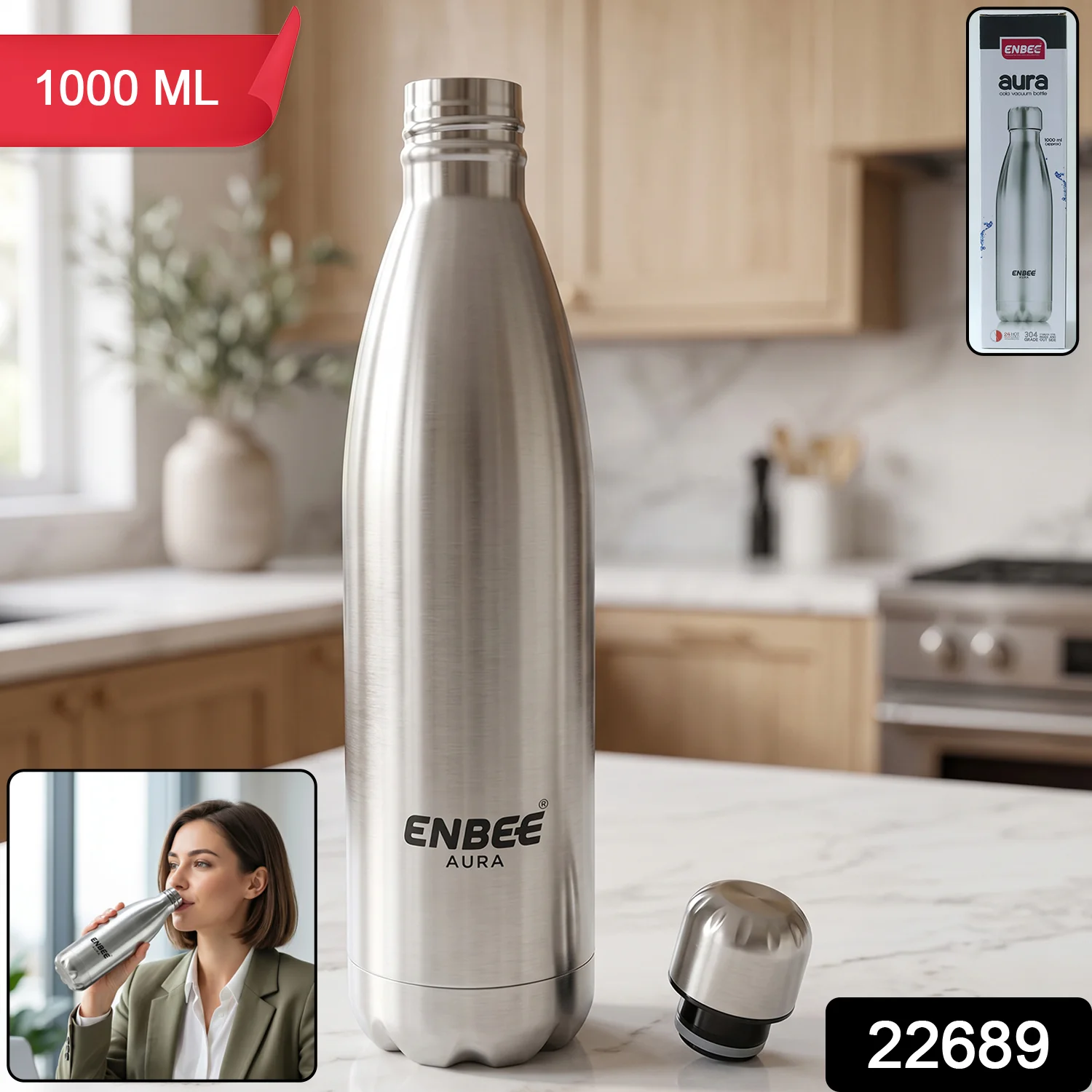 ENBEE Aura Stainless Steel Insulated Water Bottle (1 Pc, 1000 ML) - Image 2