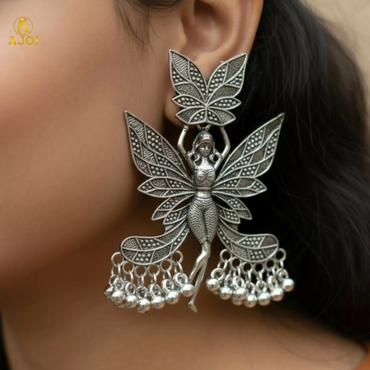 Enchanted Fairy Wing Oxidized Silver Statement Earrings with Dangling Beads - Image 2