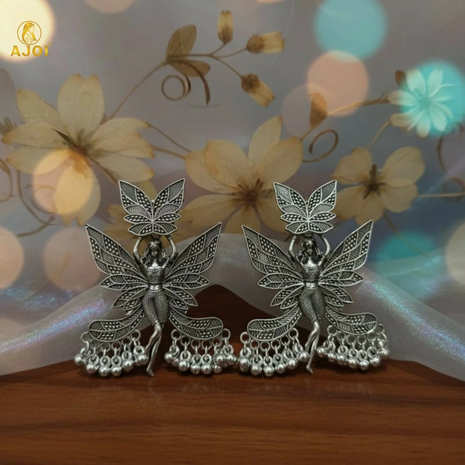 Enchanted Fairy Wing Oxidized Silver Statement Earrings with Dangling Beads - Image 3