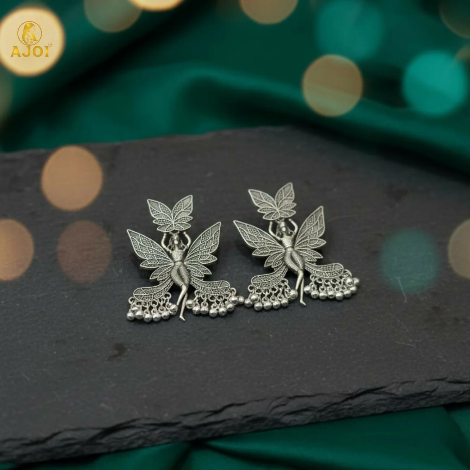 Enchanted Fairy Wing Oxidized Silver Statement Earrings with Dangling Beads - Image 4