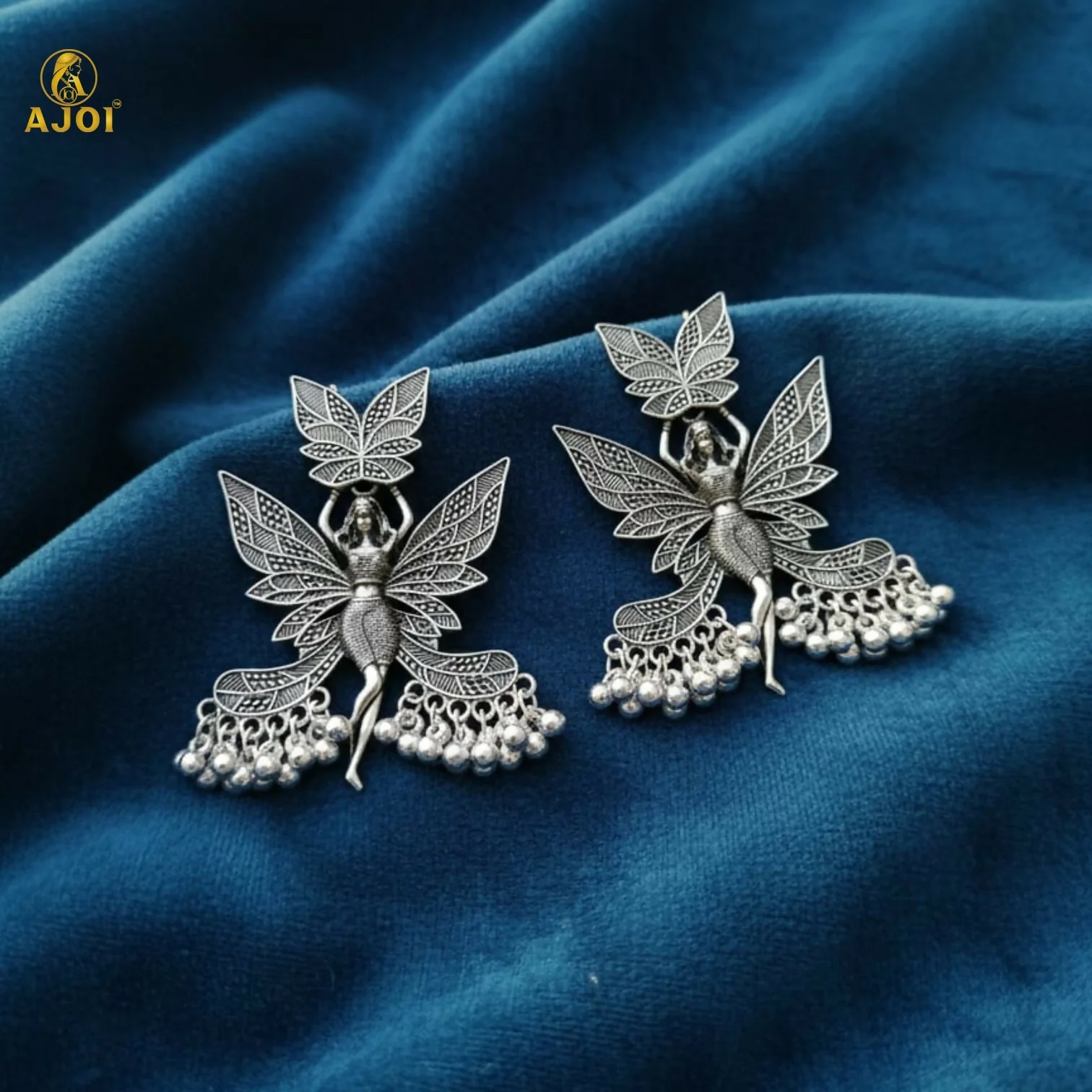 Enchanted Fairy Wing Oxidized Silver Statement Earrings with Dangling Beads - Image 5