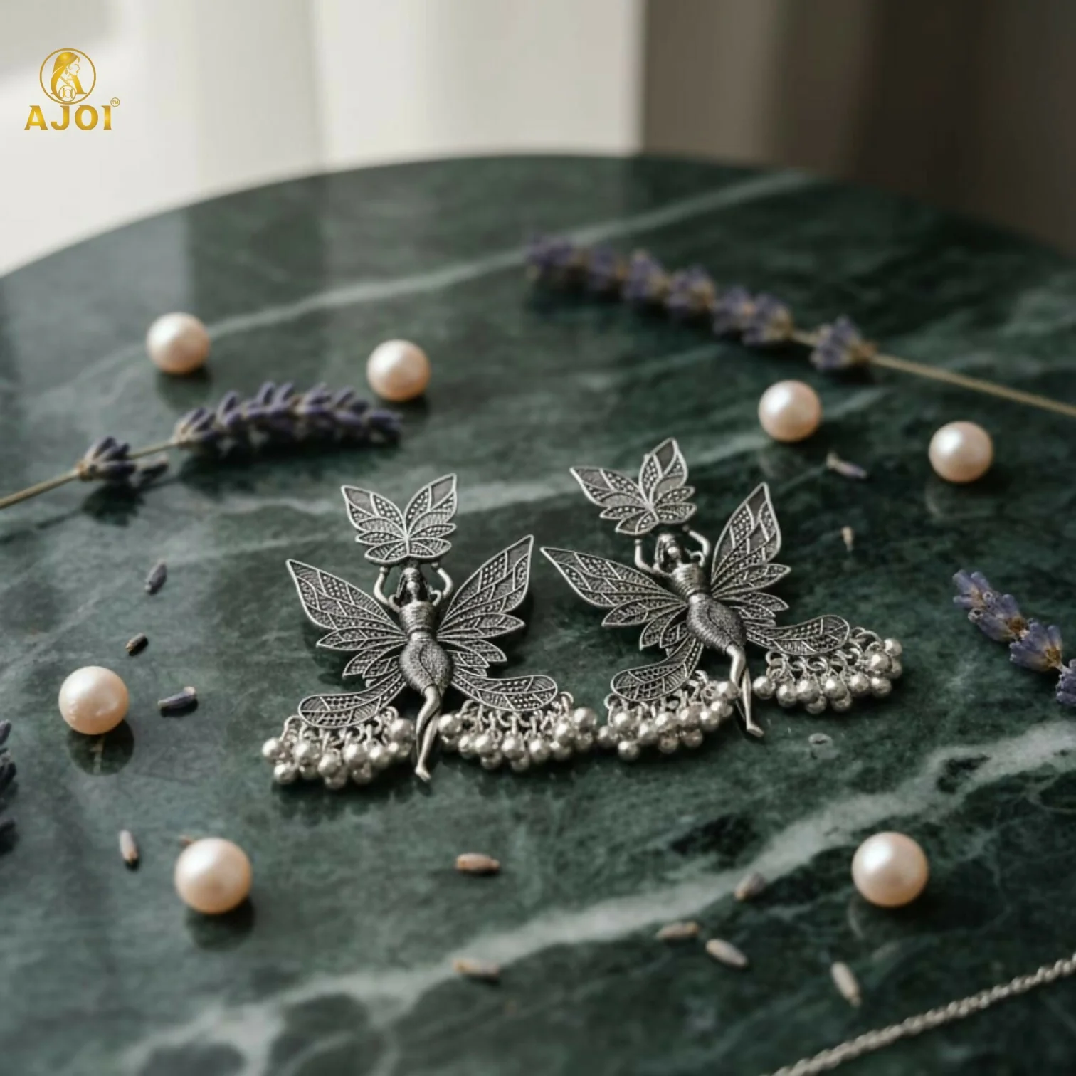 Enchanted Fairy Wing Oxidized Silver Statement Earrings with Dangling Beads - Image 7