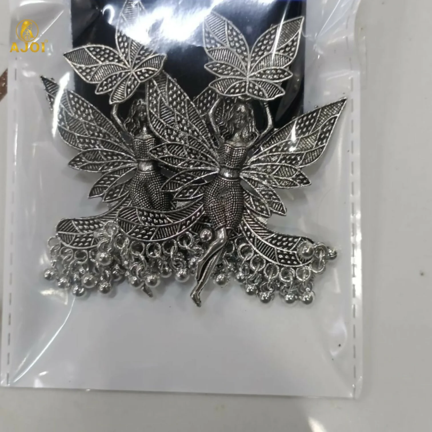 Enchanted Fairy Wing Oxidized Silver Statement Earrings with Dangling Beads - Image 8