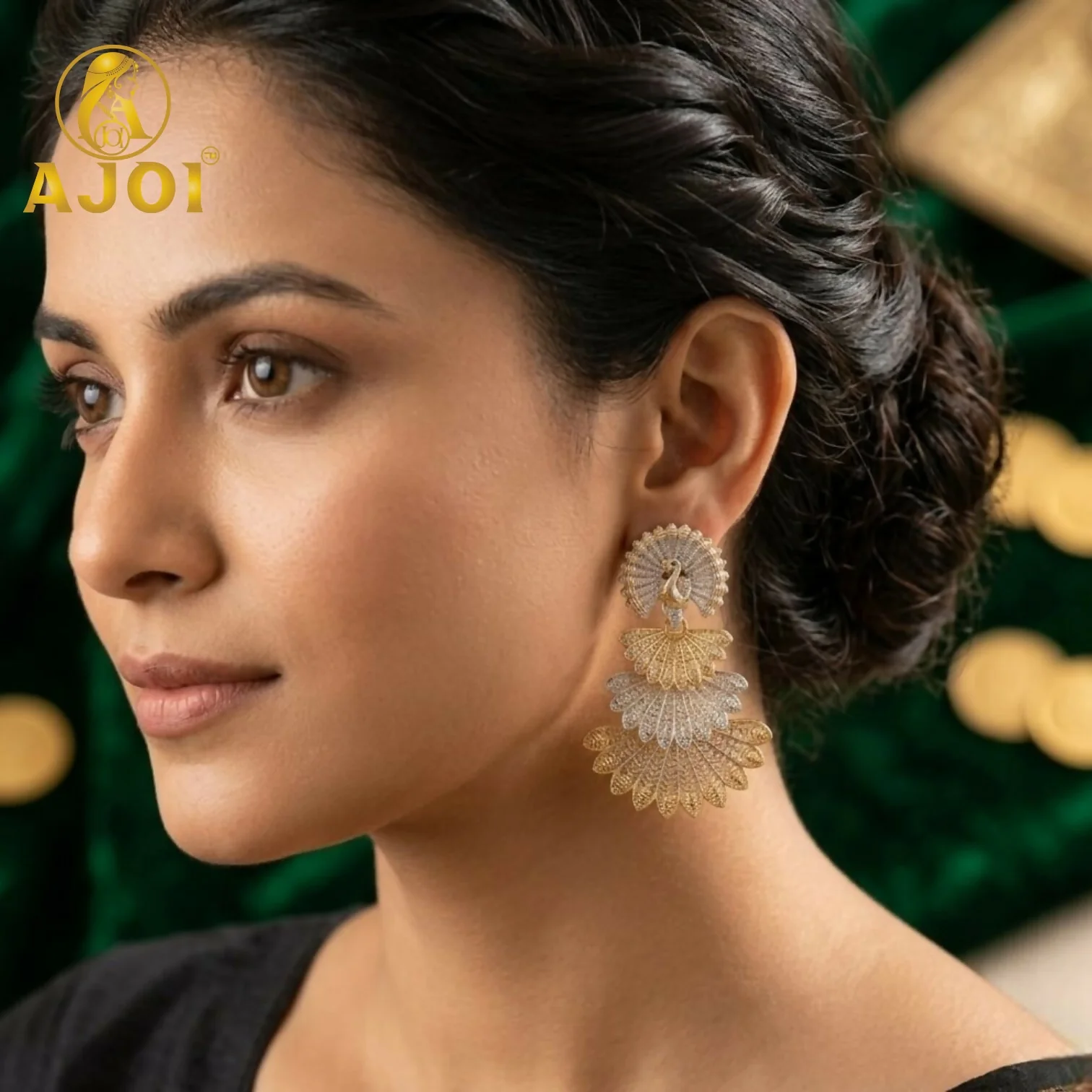 Ethnic Earrings Gold Plated Jhumka & Peacock Set of 5 - Image 2