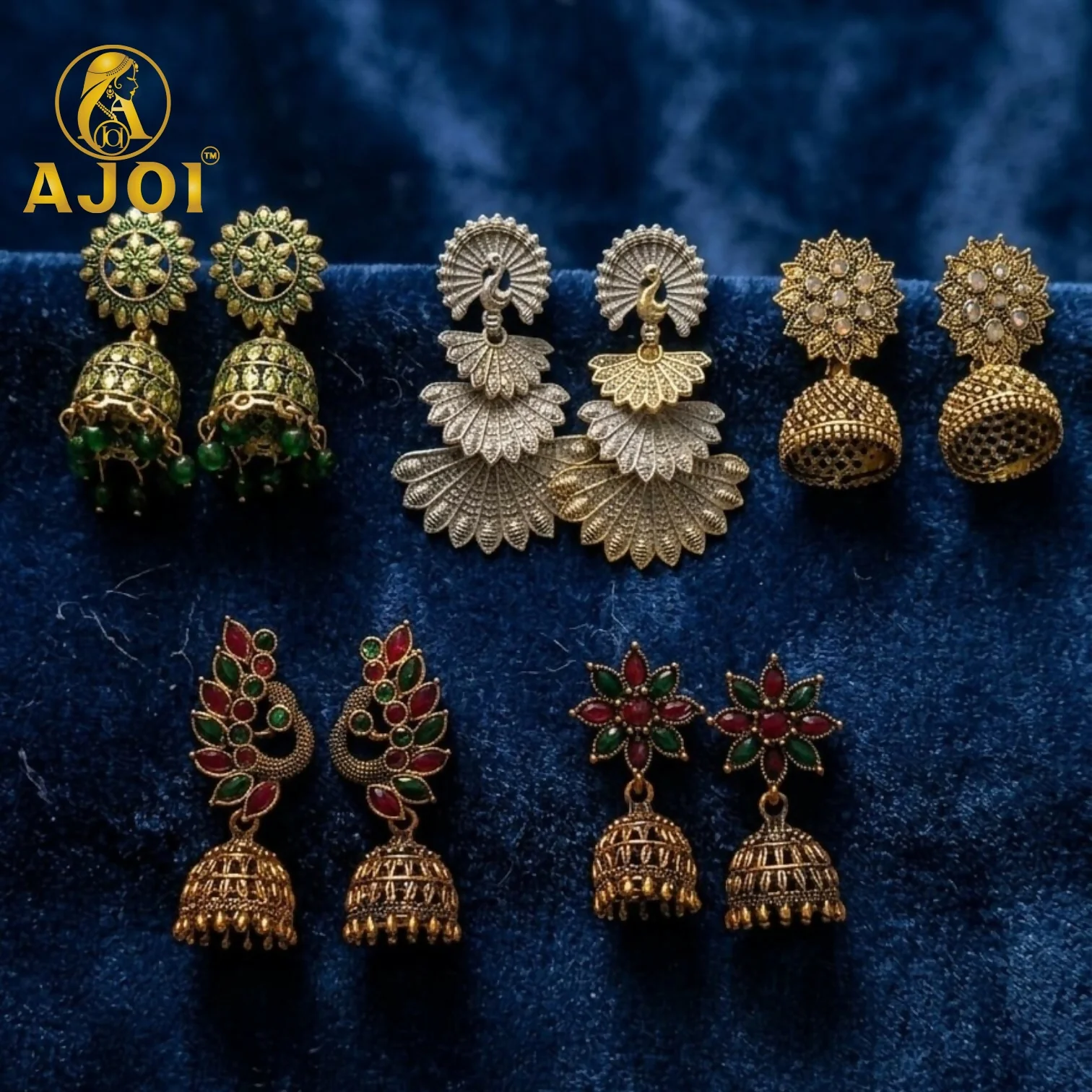Ethnic Earrings Gold Plated Jhumka & Peacock Set of 5 - Image 3