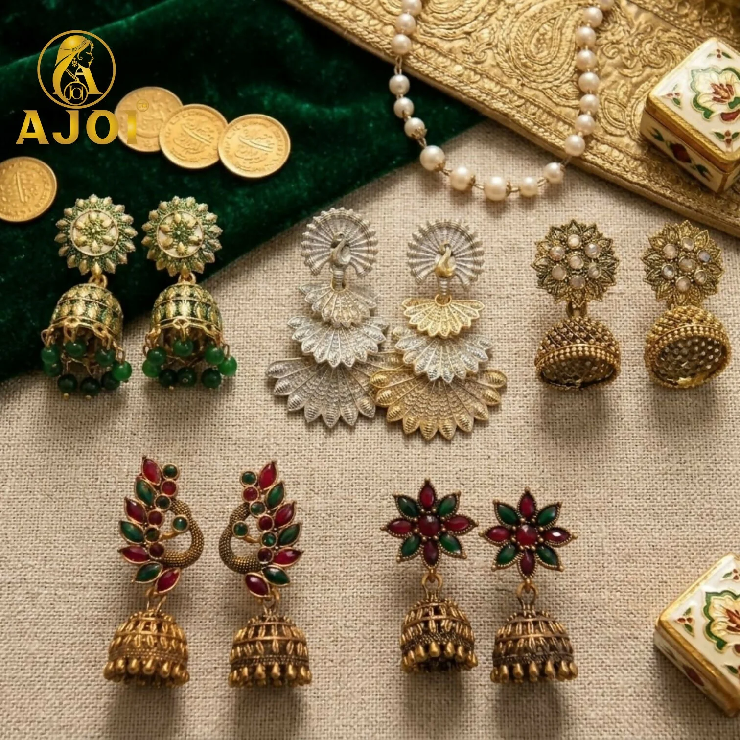 Ethnic Earrings Gold Plated Jhumka & Peacock Set of 5 - Image 4
