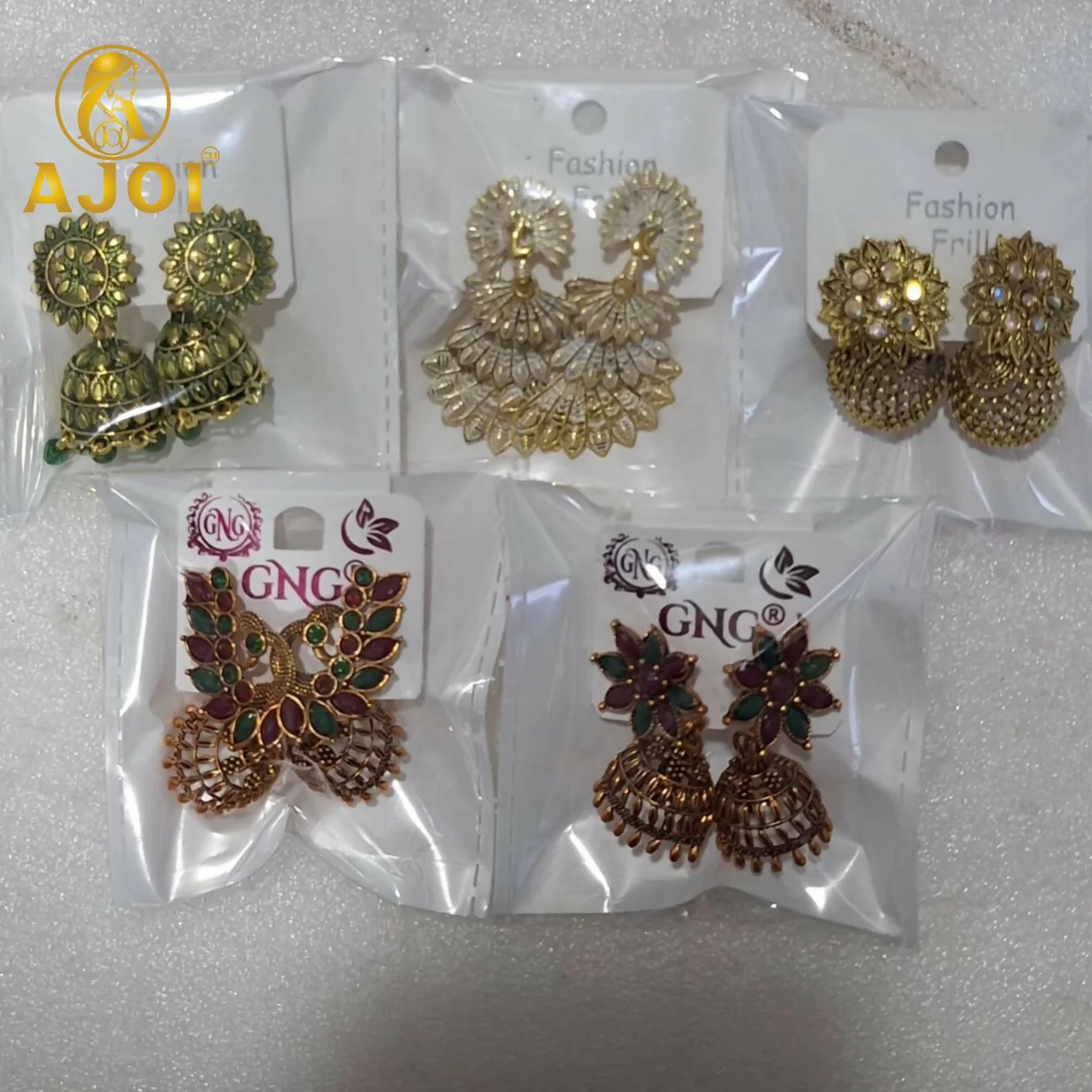 Ethnic Earrings Gold Plated Jhumka & Peacock Set of 5 - Image 5