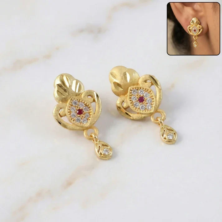 Ethnic Floral Motif Gold Stud Earrings With Stone Center And Elegant Drop Finish - Image 2