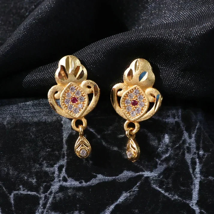 Ethnic Floral Motif Gold Stud Earrings With Stone Center And Elegant Drop Finish - Image 3