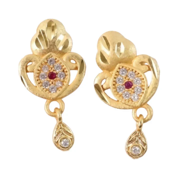 Ethnic Floral Motif Gold Stud Earrings With Stone Center And Elegant Drop Finish - Image 4