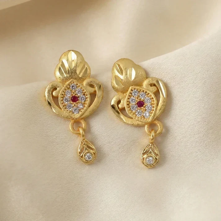 Ethnic Floral Motif Gold Stud Earrings With Stone Center And Elegant Drop Finish - Image 5