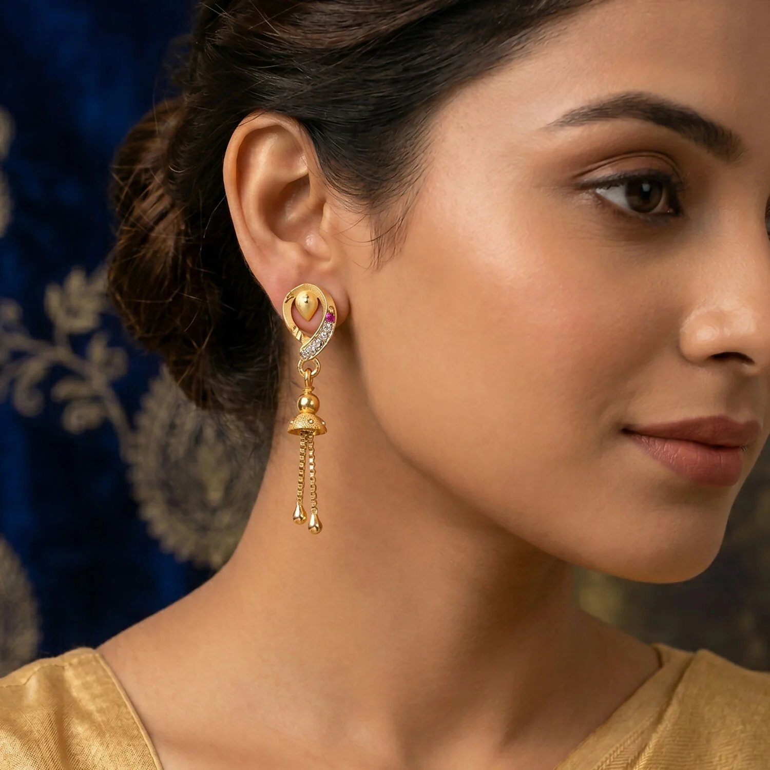 Ethnic Gold-Plated Leaf Motif Chain Drop Earrings for Women (1 Pair) - Image 2