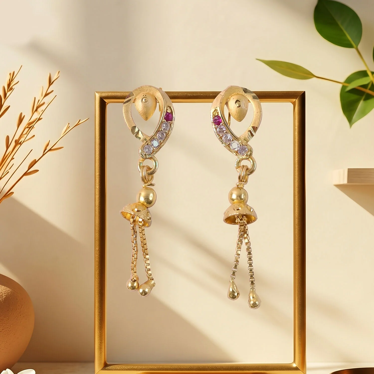Ethnic Gold-Plated Leaf Motif Chain Drop Earrings for Women (1 Pair) - Image 3