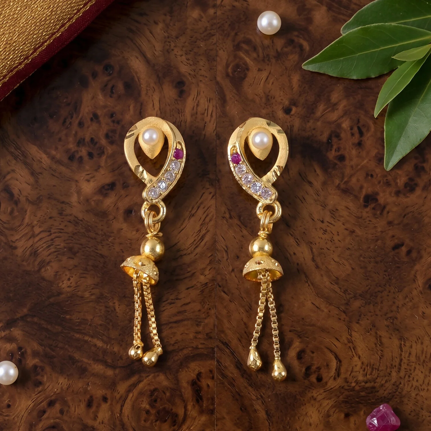 Ethnic Gold-Plated Leaf Motif Chain Drop Earrings for Women (1 Pair) - Image 4