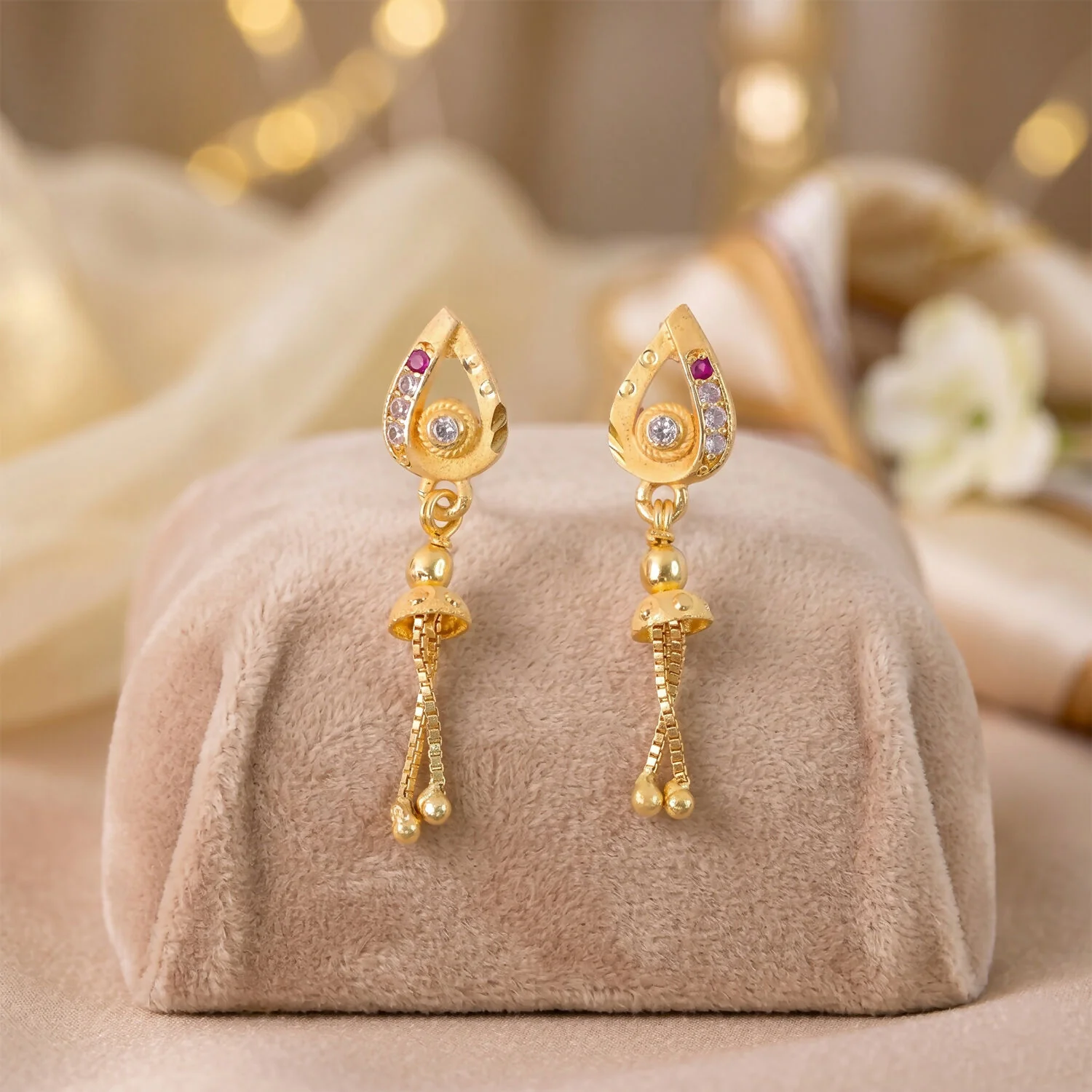 Ethnic Gold-Plated Leaf Motif Chain Drop Earrings for Women (1 Pair) - Image 2