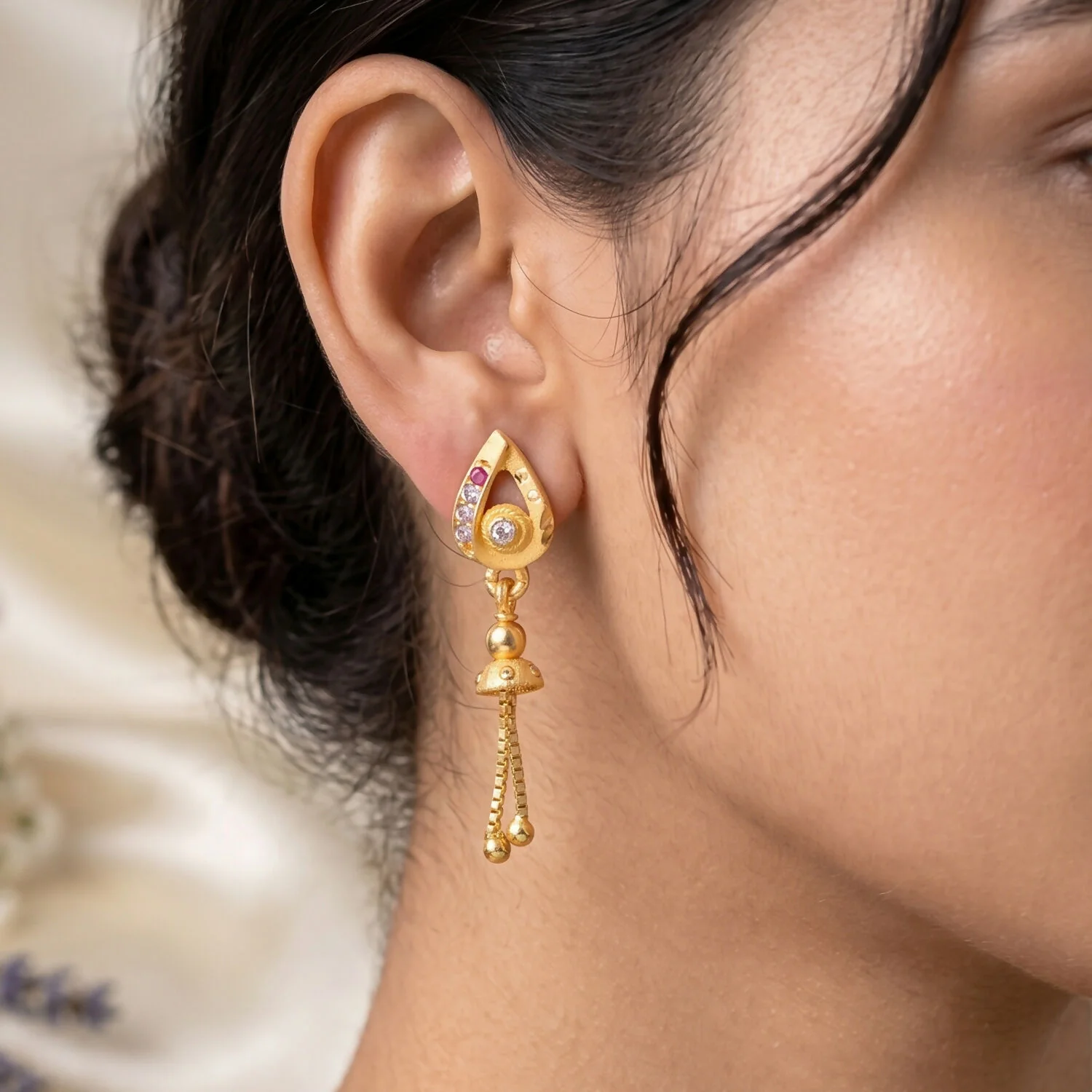 Ethnic Gold-Plated Leaf Motif Chain Drop Earrings for Women (1 Pair) - Image 3
