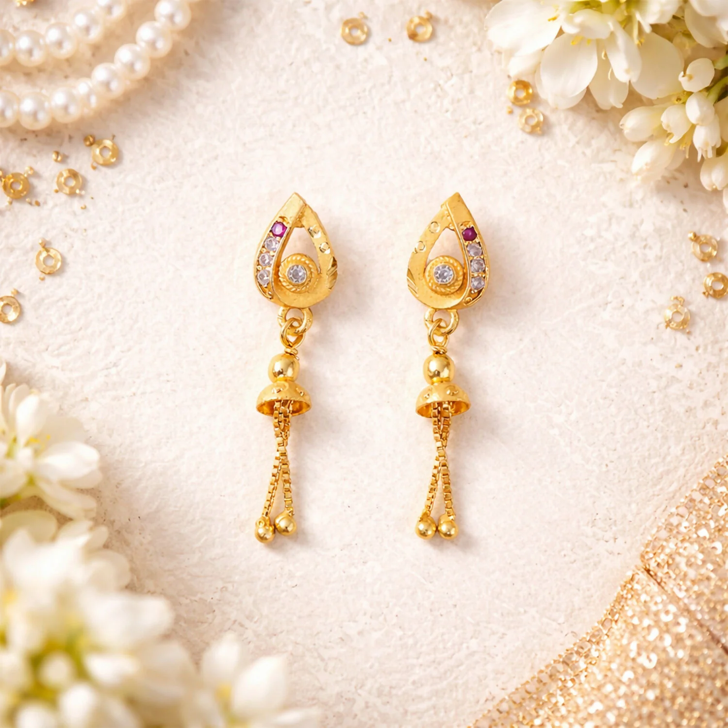 Ethnic Gold-Plated Leaf Motif Chain Drop Earrings for Women (1 Pair) - Image 4