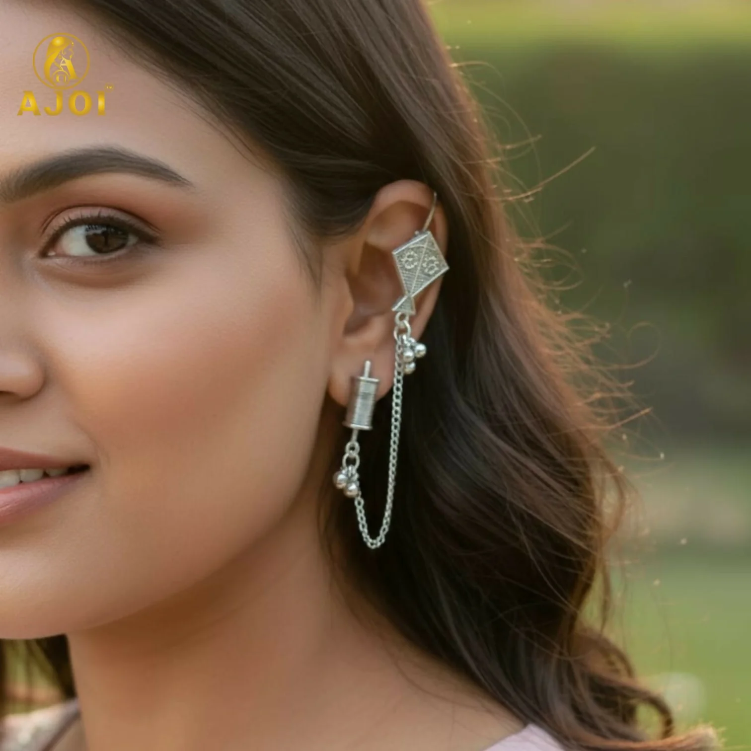 Ethnic Oxidised Silver Kite Design Earrings with Chain & Ghungroo for Women and Girls - Image 2