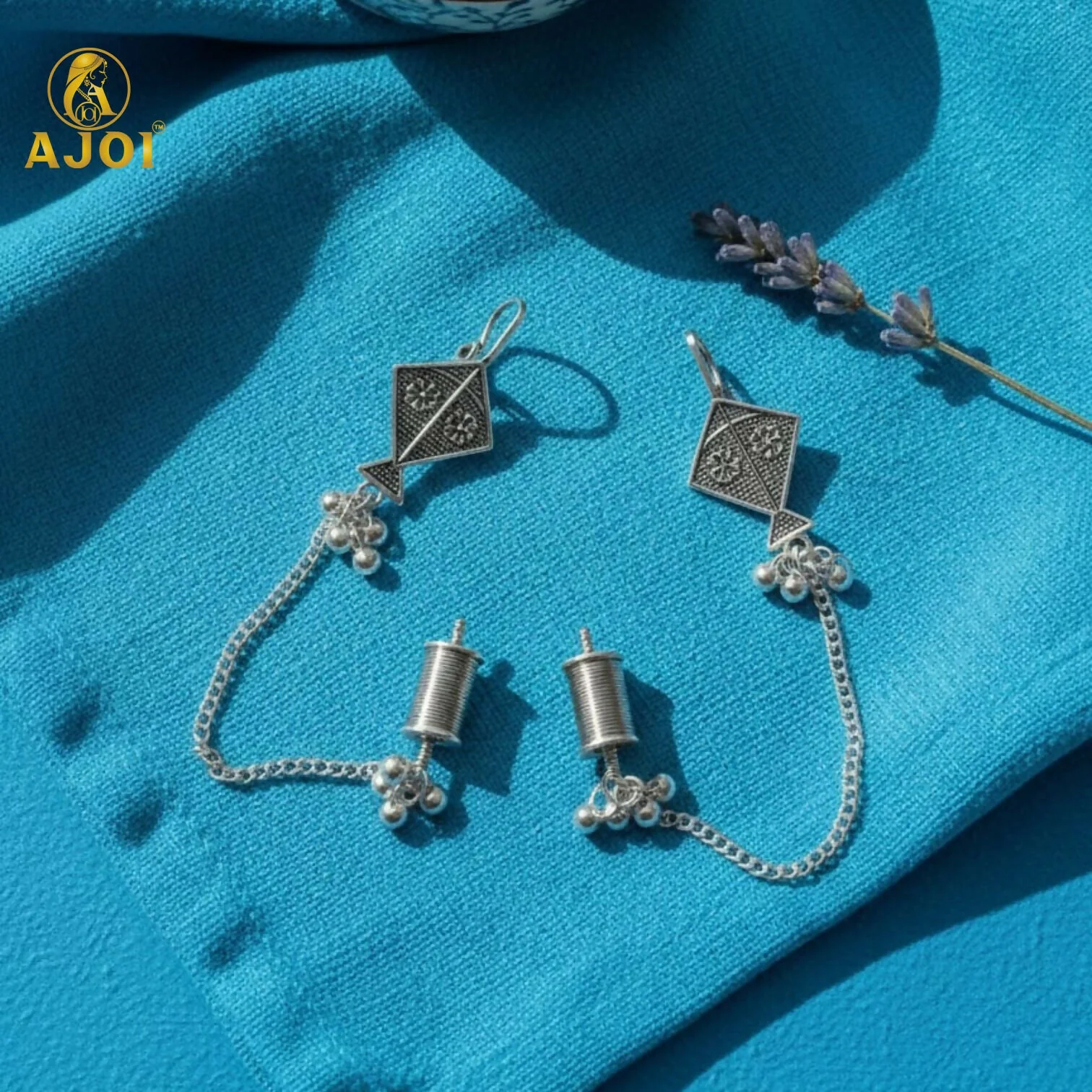 Ethnic Oxidised Silver Kite Design Earrings with Chain & Ghungroo for Women and Girls - Image 3