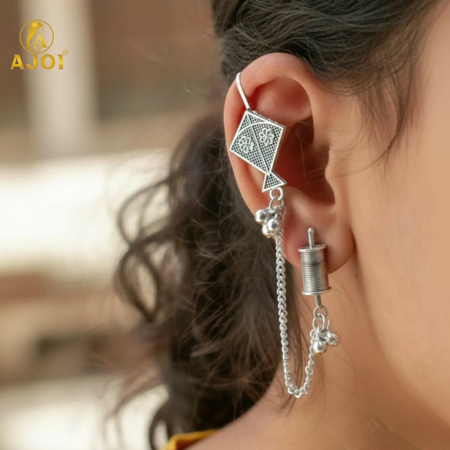 Ethnic Oxidised Silver Kite Design Earrings with Chain & Ghungroo for Women and Girls - Image 4