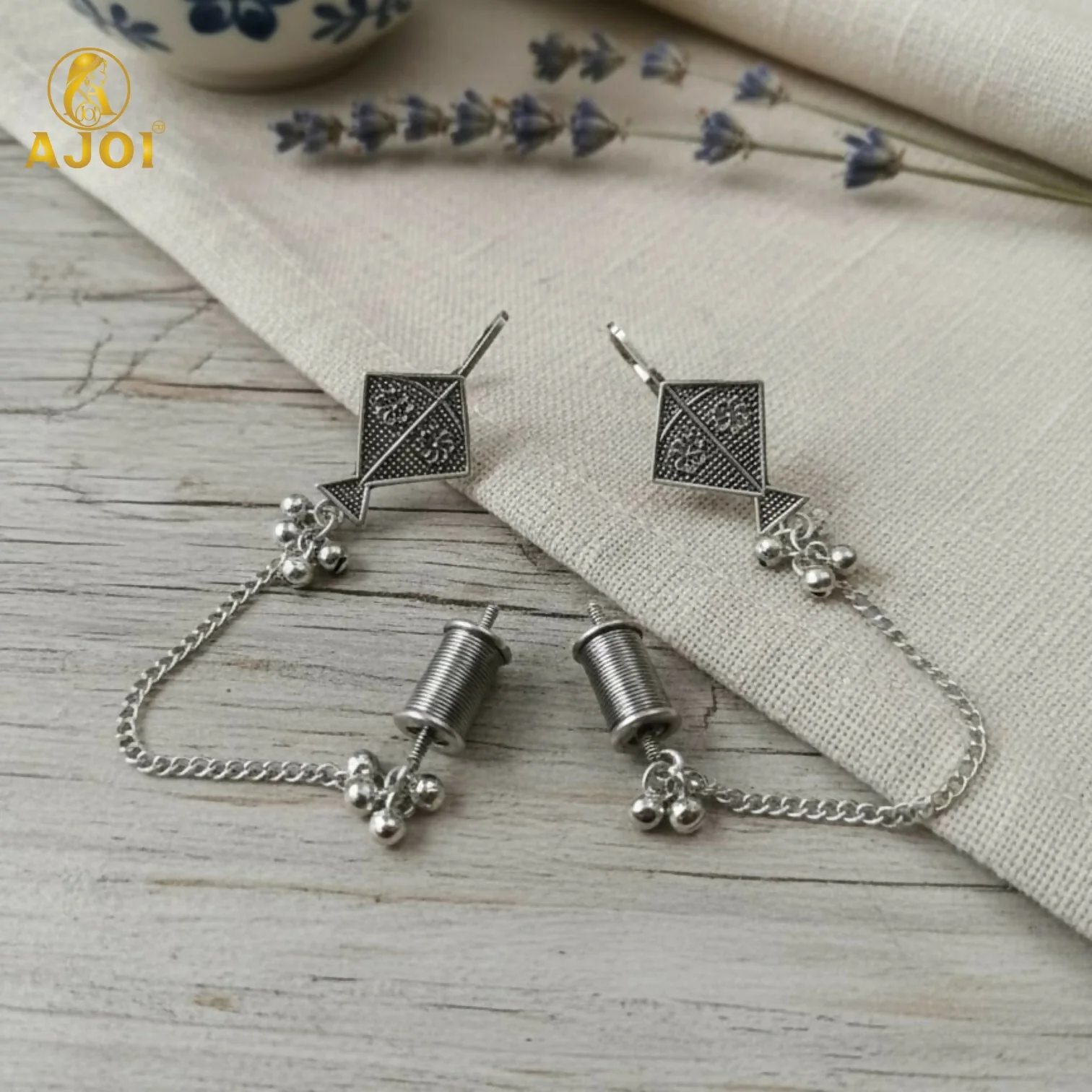 Ethnic Oxidised Silver Kite Design Earrings with Chain & Ghungroo for Women and Girls - Image 5