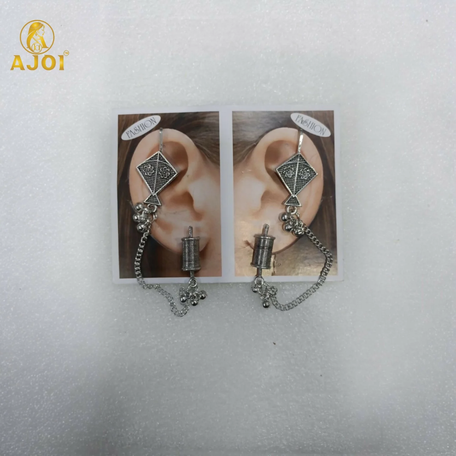 Ethnic Oxidised Silver Kite Design Earrings with Chain & Ghungroo for Women and Girls - Image 6