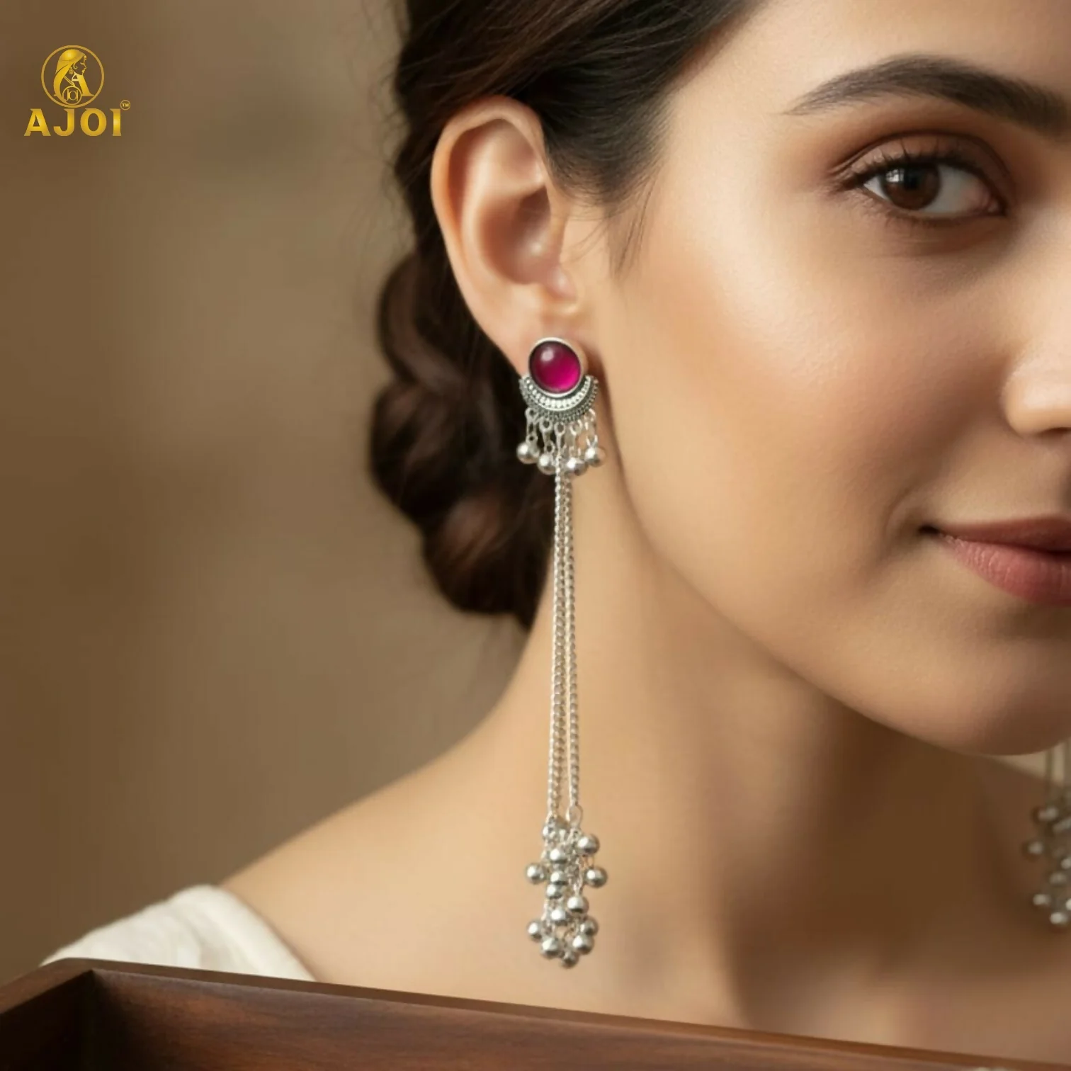 Ethnic Round Design Silver Plated Long Earrings with Ghungroo Drops - Image 2