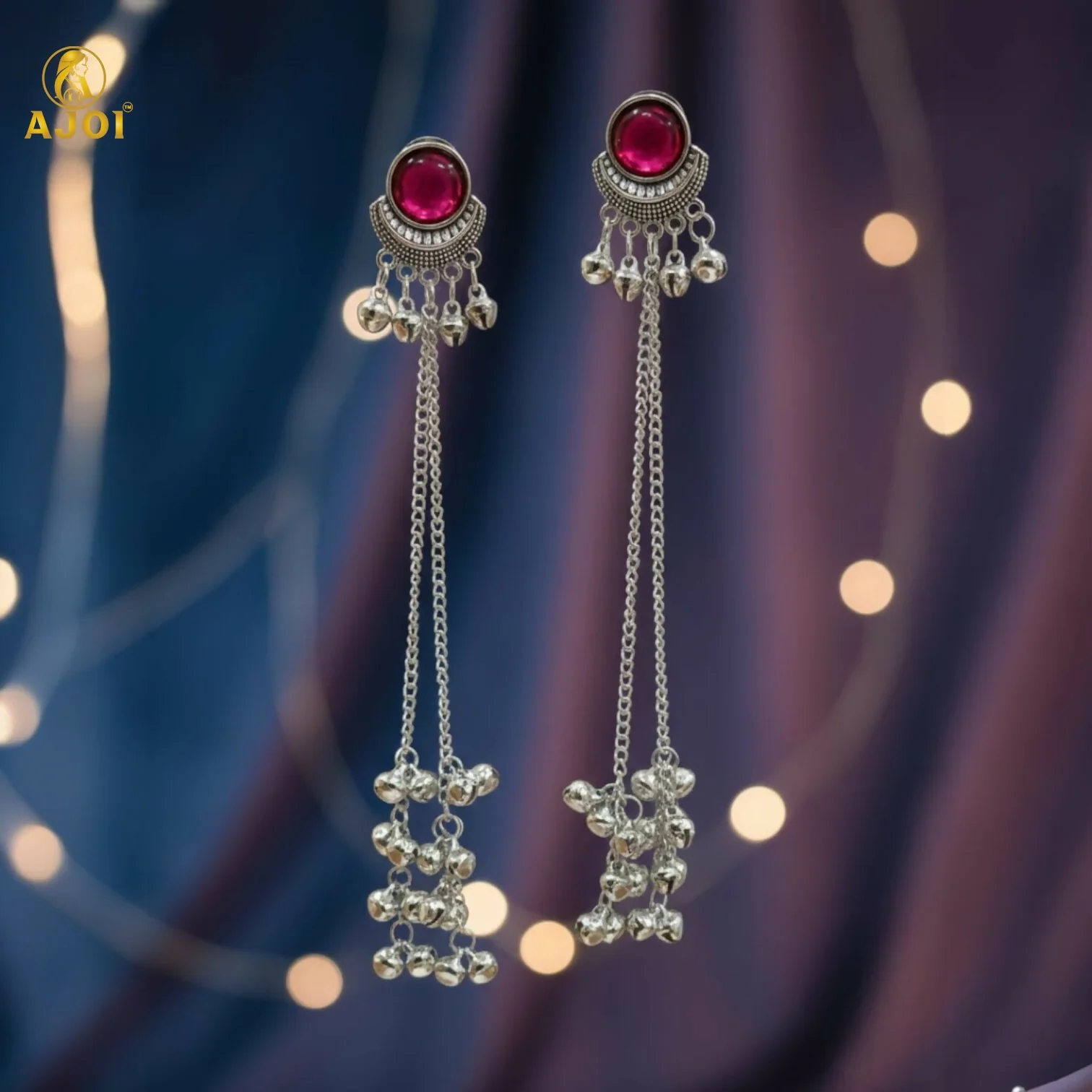 Ethnic Round Design Silver Plated Long Earrings with Ghungroo Drops - Image 3