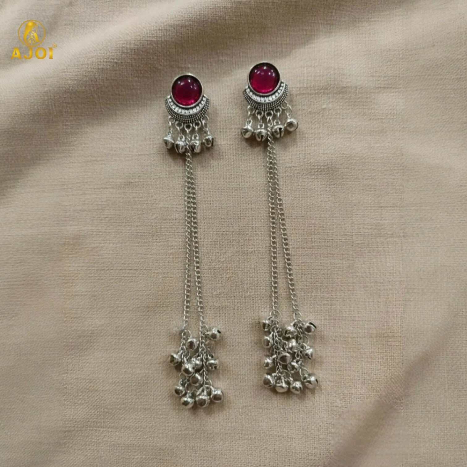 Ethnic Round Design Silver Plated Long Earrings with Ghungroo Drops - Image 4