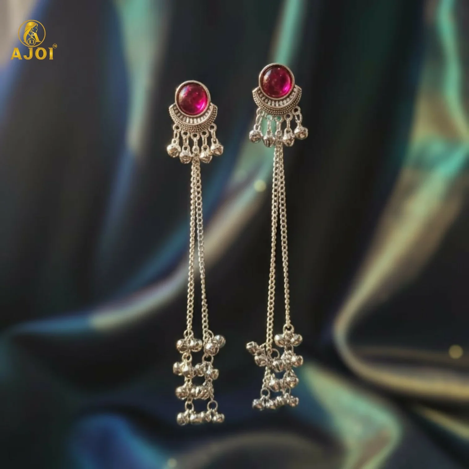 Ethnic Round Design Silver Plated Long Earrings with Ghungroo Drops - Image 5