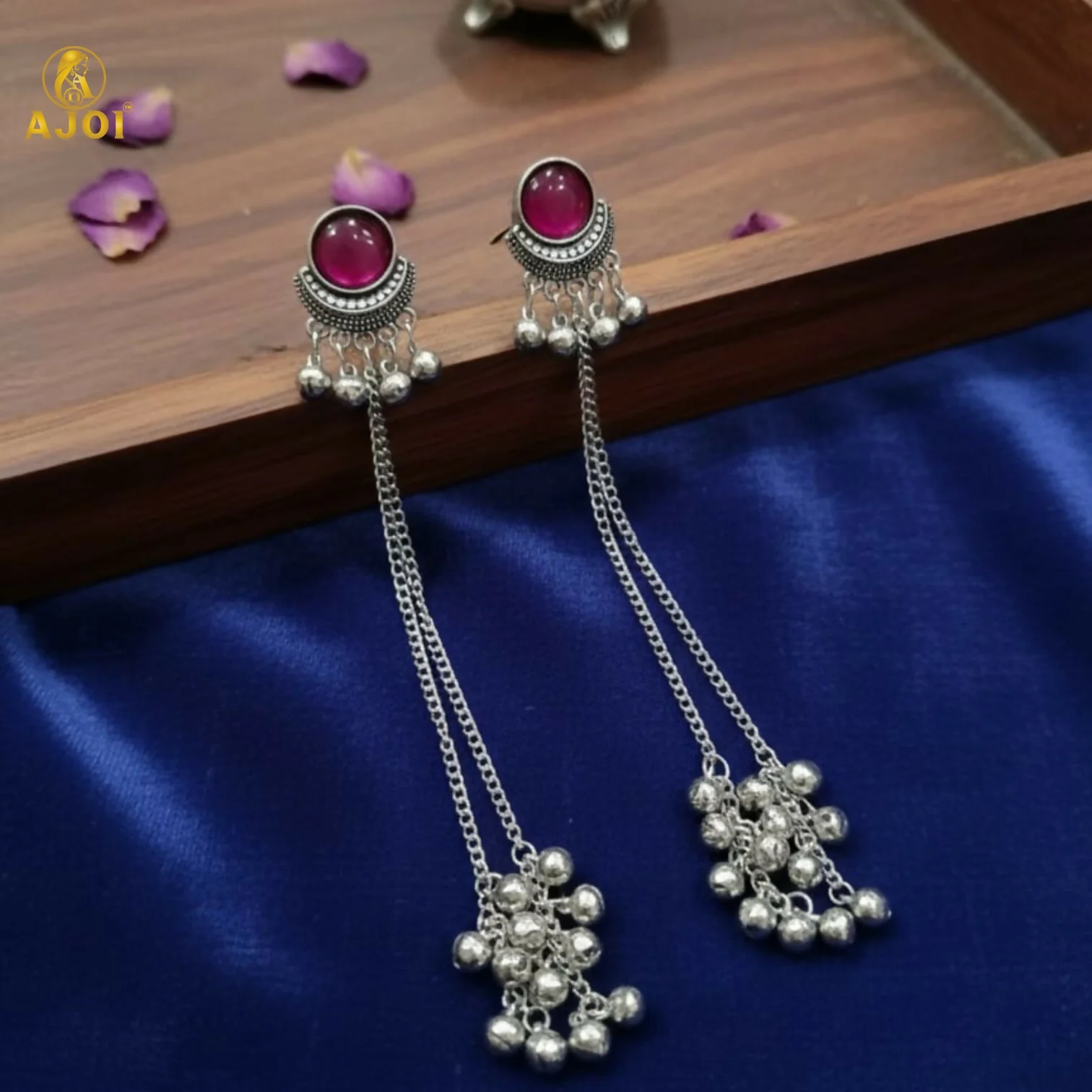 Ethnic Round Design Silver Plated Long Earrings with Ghungroo Drops - Image 6