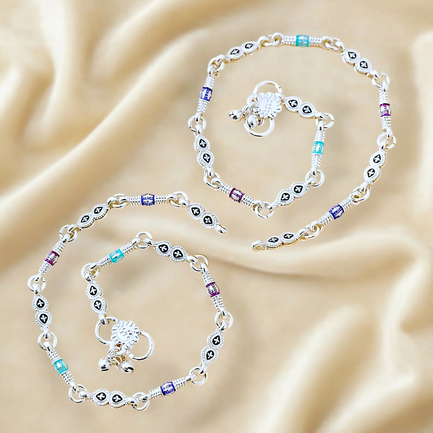 Ethnic Silver-Plated Payal with Colorful Floral Enamel and Jingle Bell Charms - Image 3