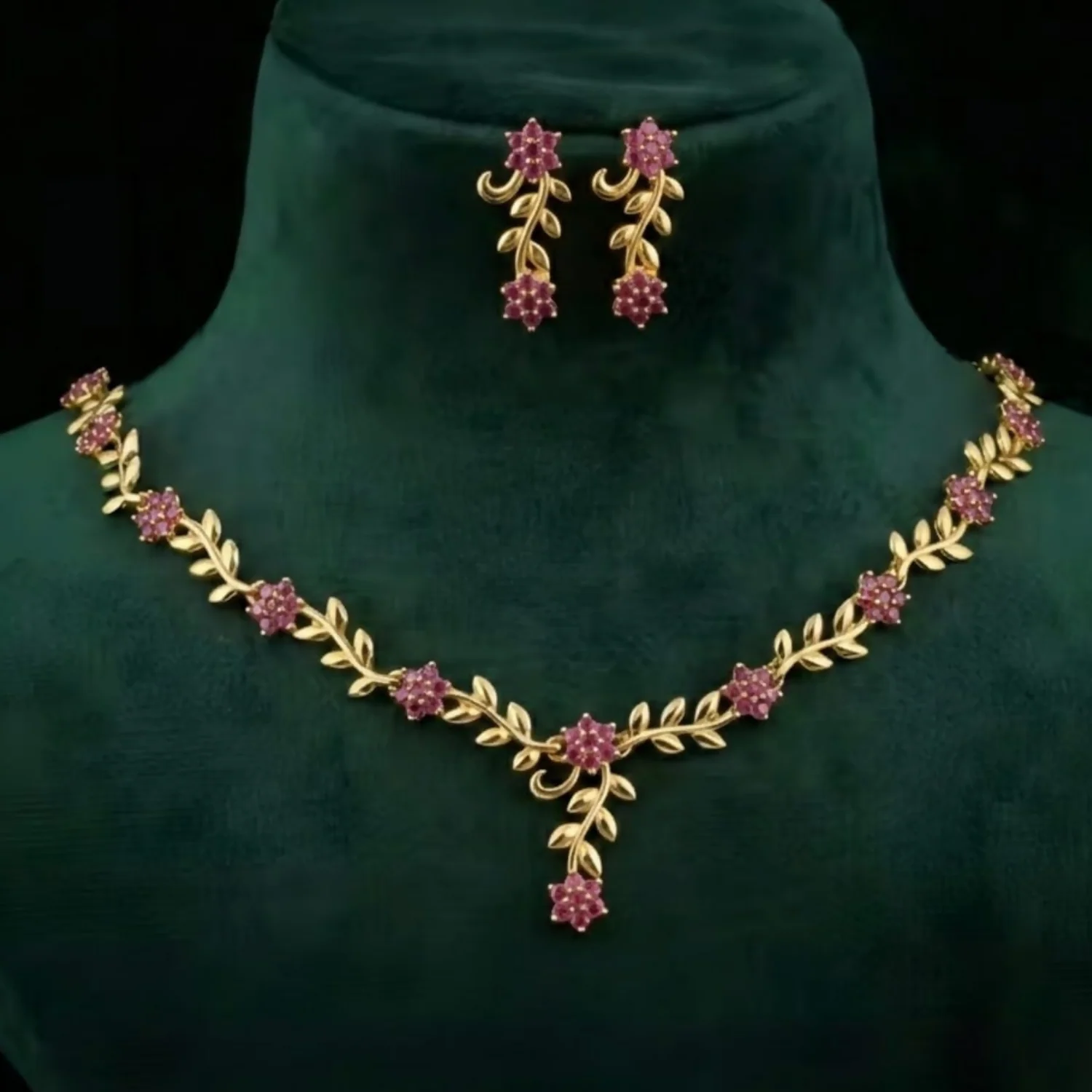 Everlasting Bloom V-Necklace with Ruby Floral Design and Elegant Gold Detailing,The Crimson Vine Collection (Geri Lal Bel), Ruby Petals Harmony Set, Nature’s Bloom Red Necklace, Garnet Glint Set, Floral Splendor ruby set - Image 2
