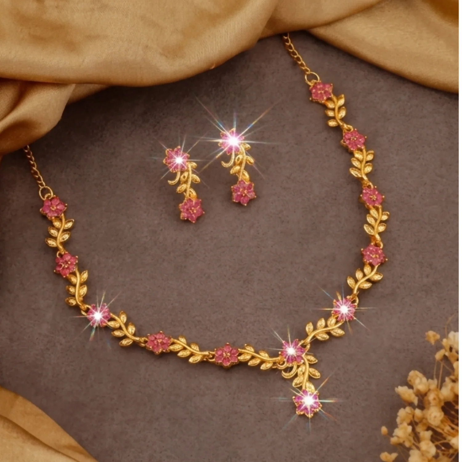 Everlasting Bloom V-Necklace with Ruby Floral Design and Elegant Gold Detailing,The Crimson Vine Collection (Geri Lal Bel), Ruby Petals Harmony Set, Nature’s Bloom Red Necklace, Garnet Glint Set, Floral Splendor ruby set - Image 3