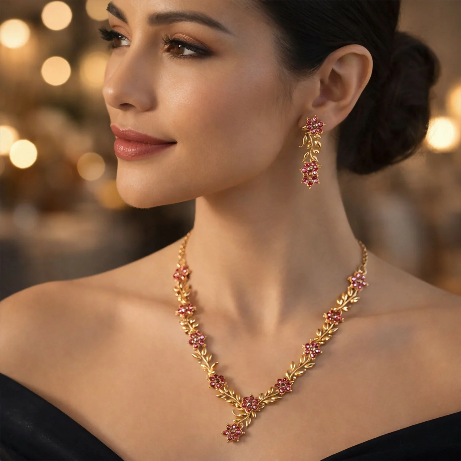 Everlasting Bloom V-Necklace with Ruby Floral Design and Elegant Gold Detailing,The Crimson Vine Collection (Geri Lal Bel), Ruby Petals Harmony Set, Nature’s Bloom Red Necklace, Garnet Glint Set, Floral Splendor ruby set - Image 4