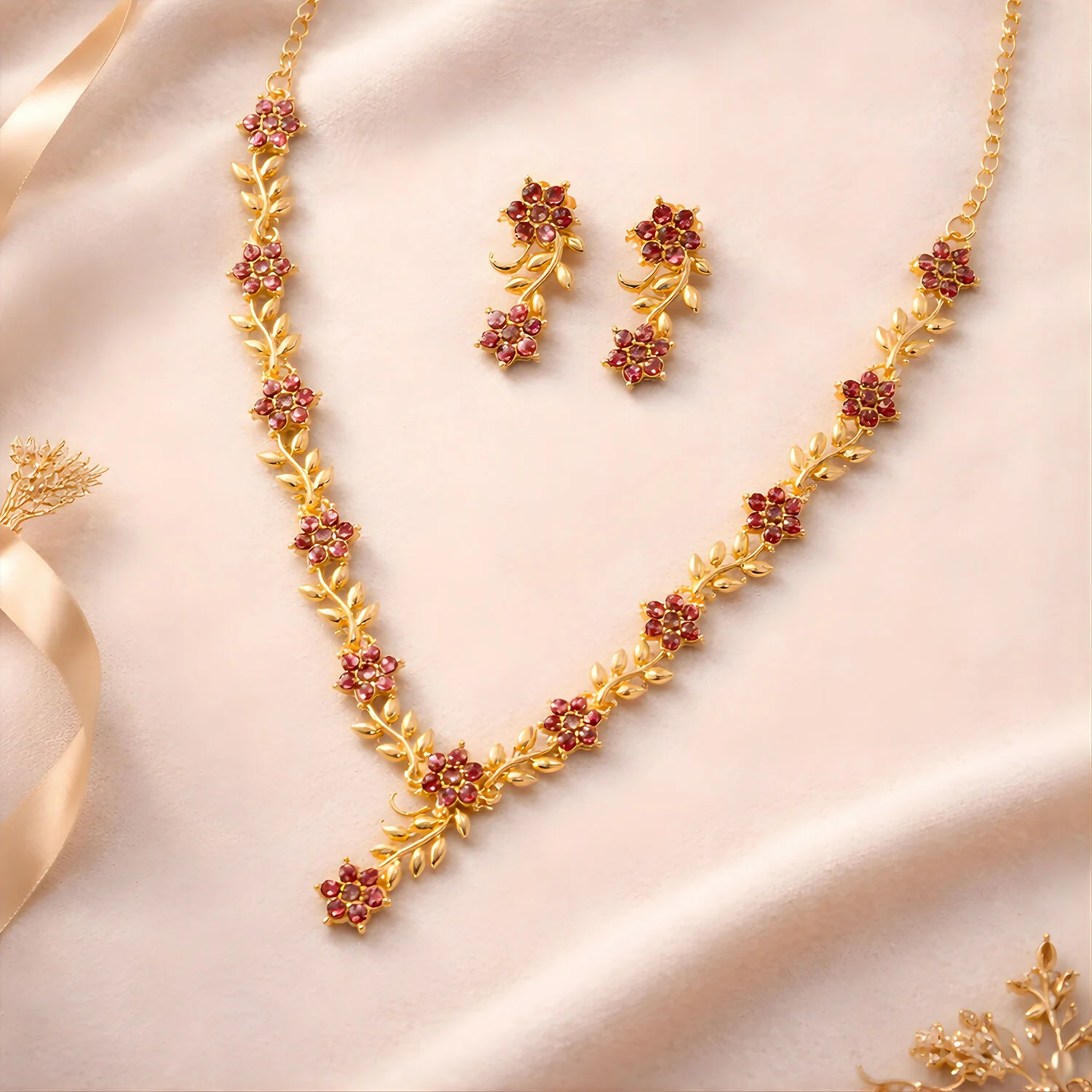 Everlasting Bloom V-Necklace with Ruby Floral Design and Elegant Gold Detailing,The Crimson Vine Collection (Geri Lal Bel), Ruby Petals Harmony Set, Nature’s Bloom Red Necklace, Garnet Glint Set, Floral Splendor ruby set - Image 5
