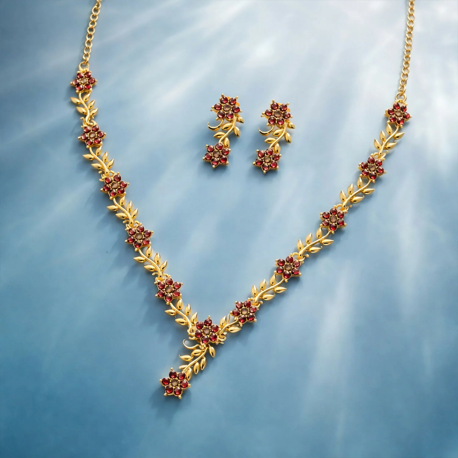 Everlasting Bloom V-Necklace with Ruby Floral Design and Elegant Gold Detailing,The Crimson Vine Collection (Geri Lal Bel), Ruby Petals Harmony Set, Nature’s Bloom Red Necklace, Garnet Glint Set, Floral Splendor ruby set - Image 6
