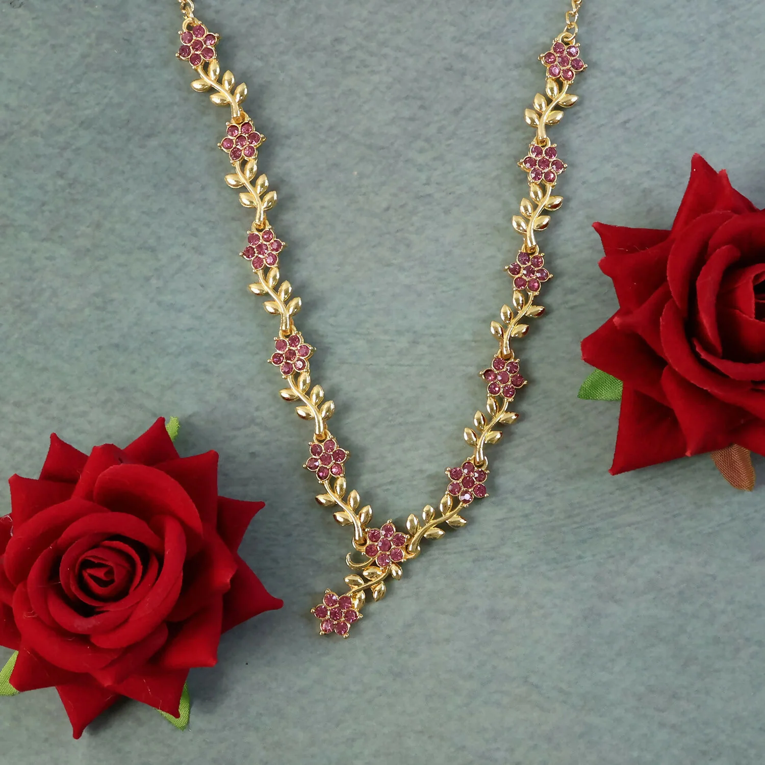 Everlasting Bloom V-Necklace with Ruby Floral Design and Elegant Gold Detailing,The Crimson Vine Collection (Geri Lal Bel), Ruby Petals Harmony Set, Nature’s Bloom Red Necklace, Garnet Glint Set, Floral Splendor ruby set - Image 7