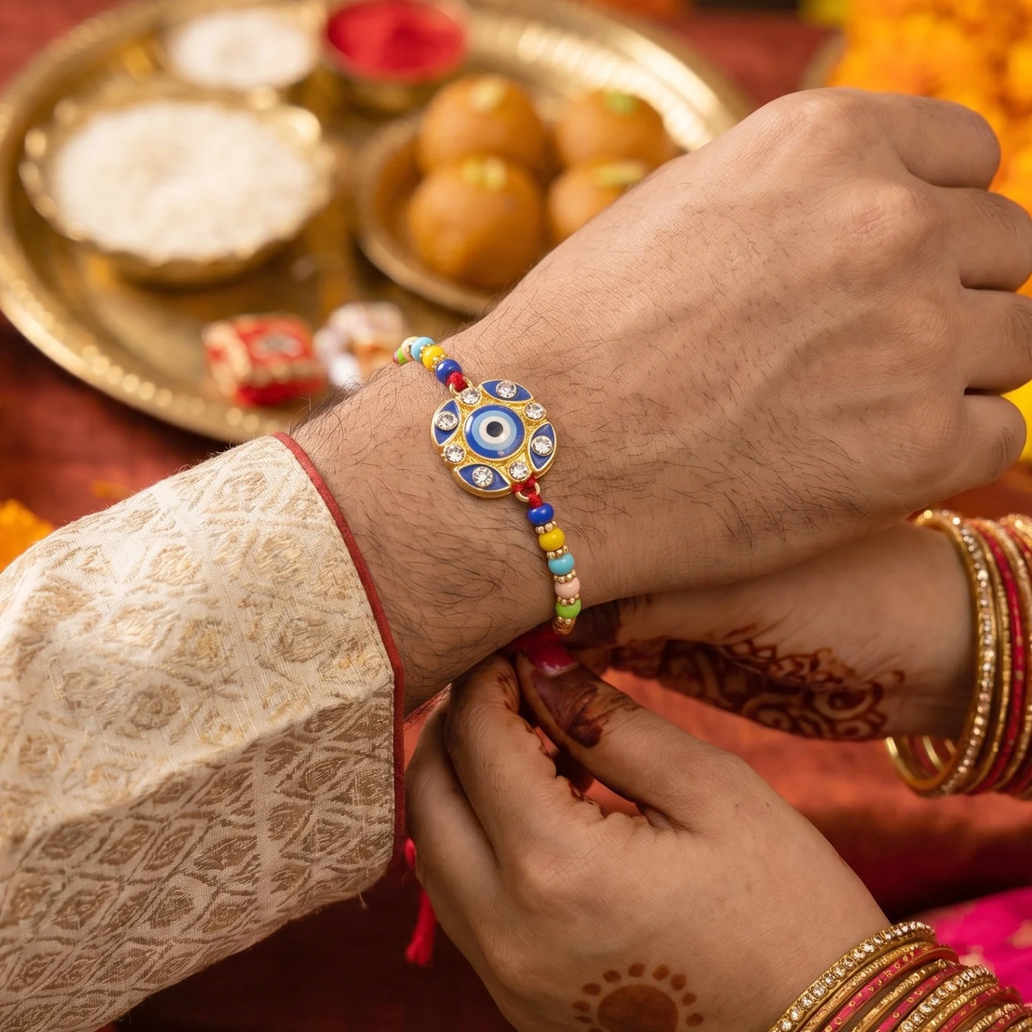 Evil Eye Floral Petal Designer Rakhi - Image 2