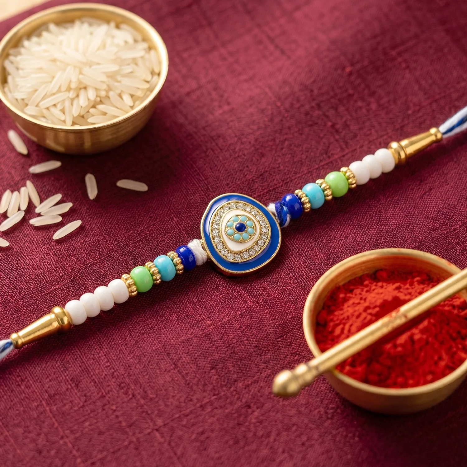 Evil Eye Round Kundan Diamond Rakhi - Image 2