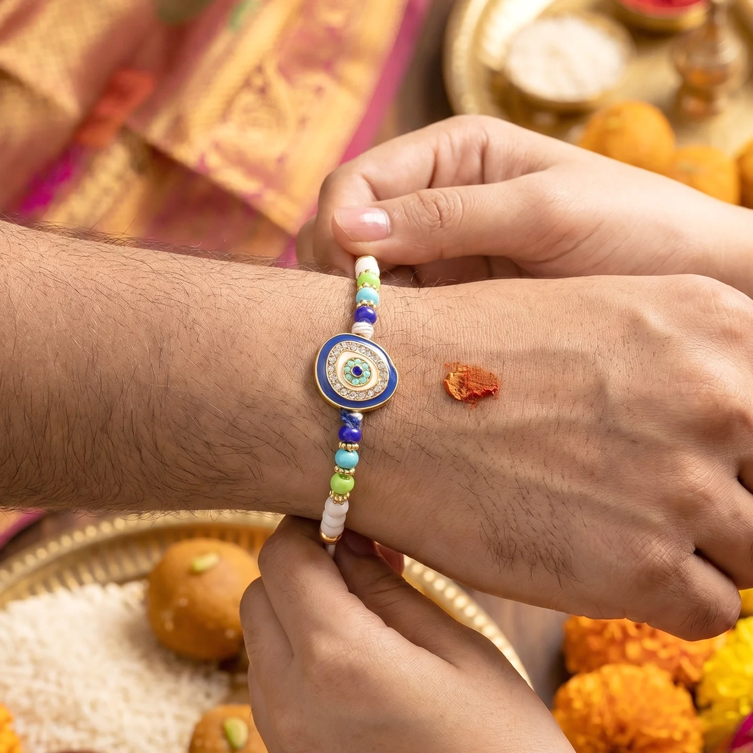 Evil Eye Round Kundan Diamond Rakhi - Image 3